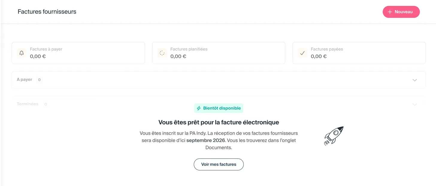 Écran des factures fournisseurs dans Indy indiquant que le compte est inscrit sur la plateforme agréée Indy et que la réception des factures électroniques sera disponible d'ici septembre 2026