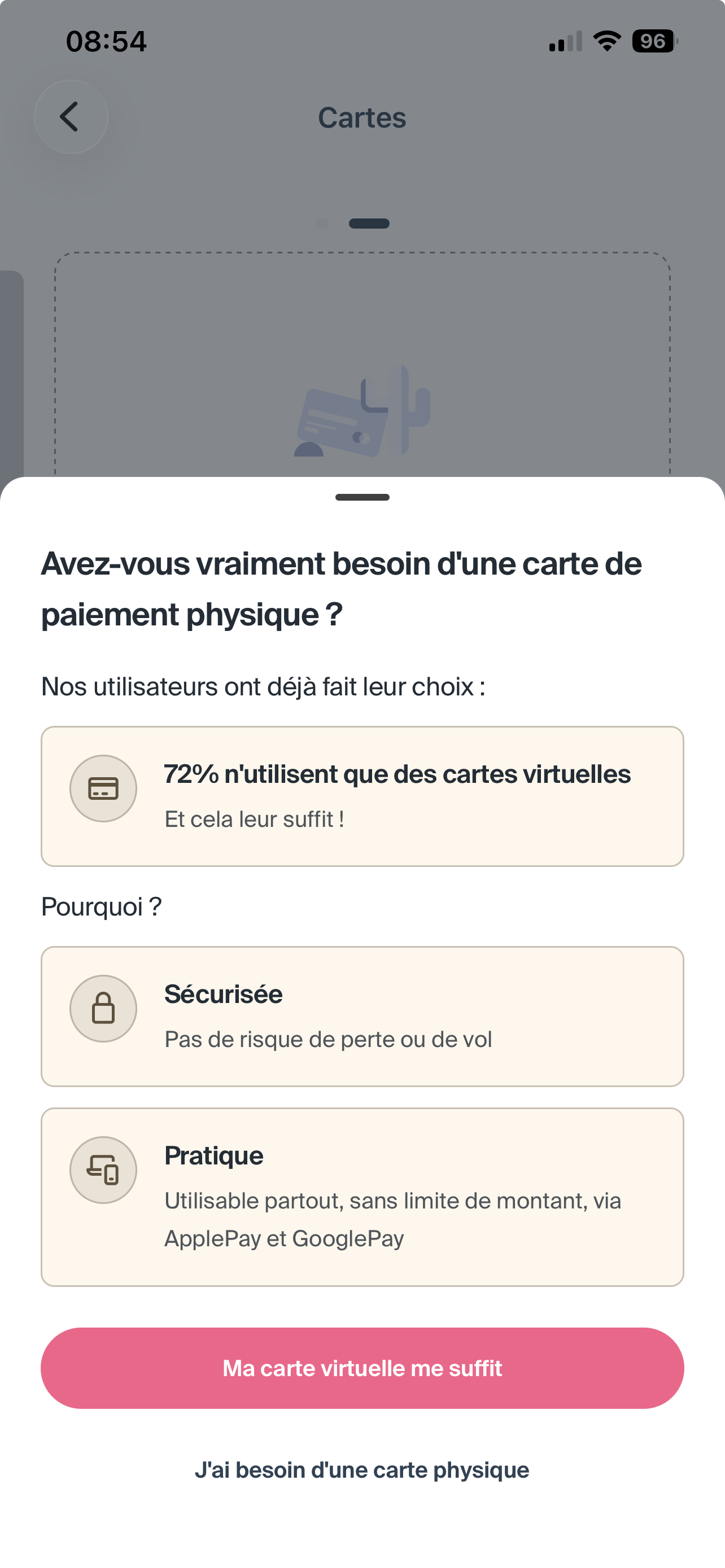 Écran de commande de la carte physique dans Indy, qui invite à ne la commander qu'en cas de besoin réel