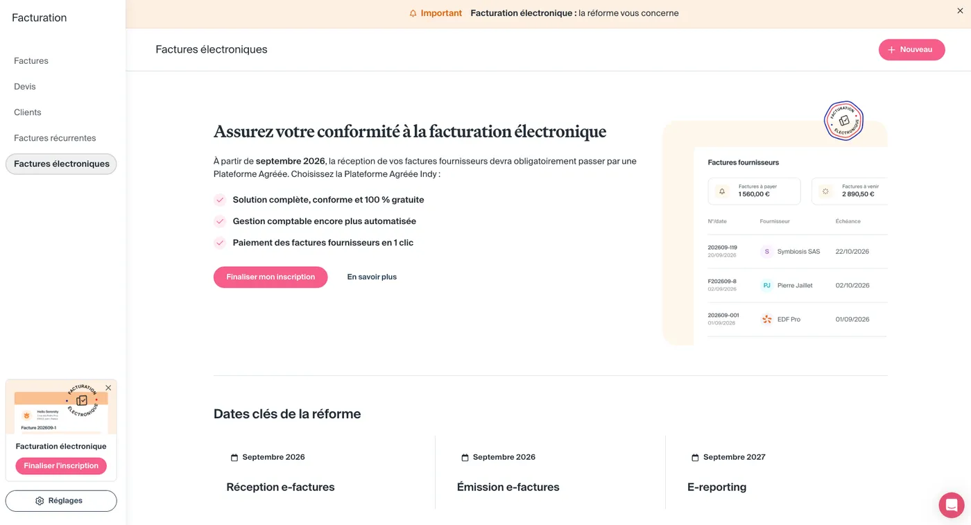 Espace facturation électronique d'Indy avec les dates clés de la réforme : réception et émission des e-factures en septembre 2026, e-reporting en septembre 2027