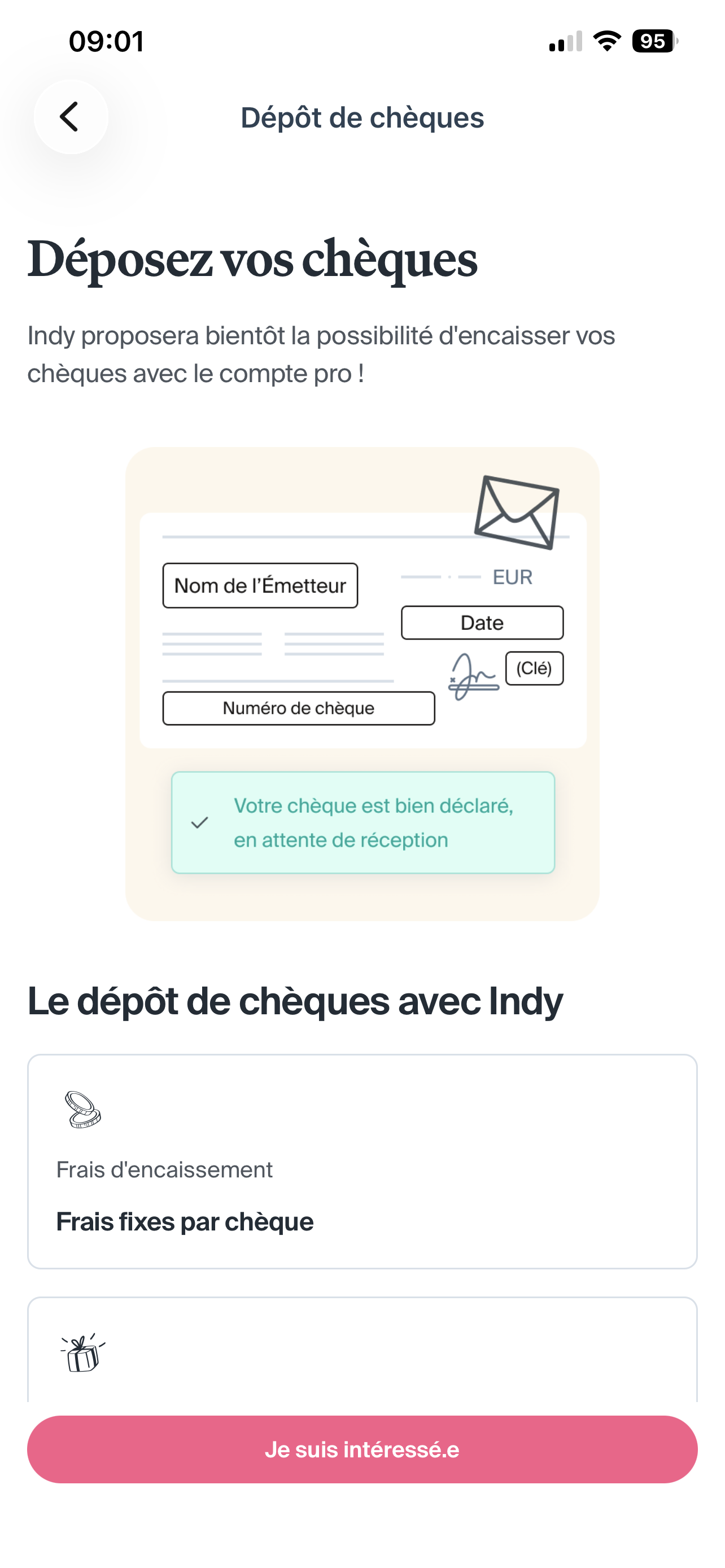 Écran de dépôt de chèque à venir dans l'application Indy