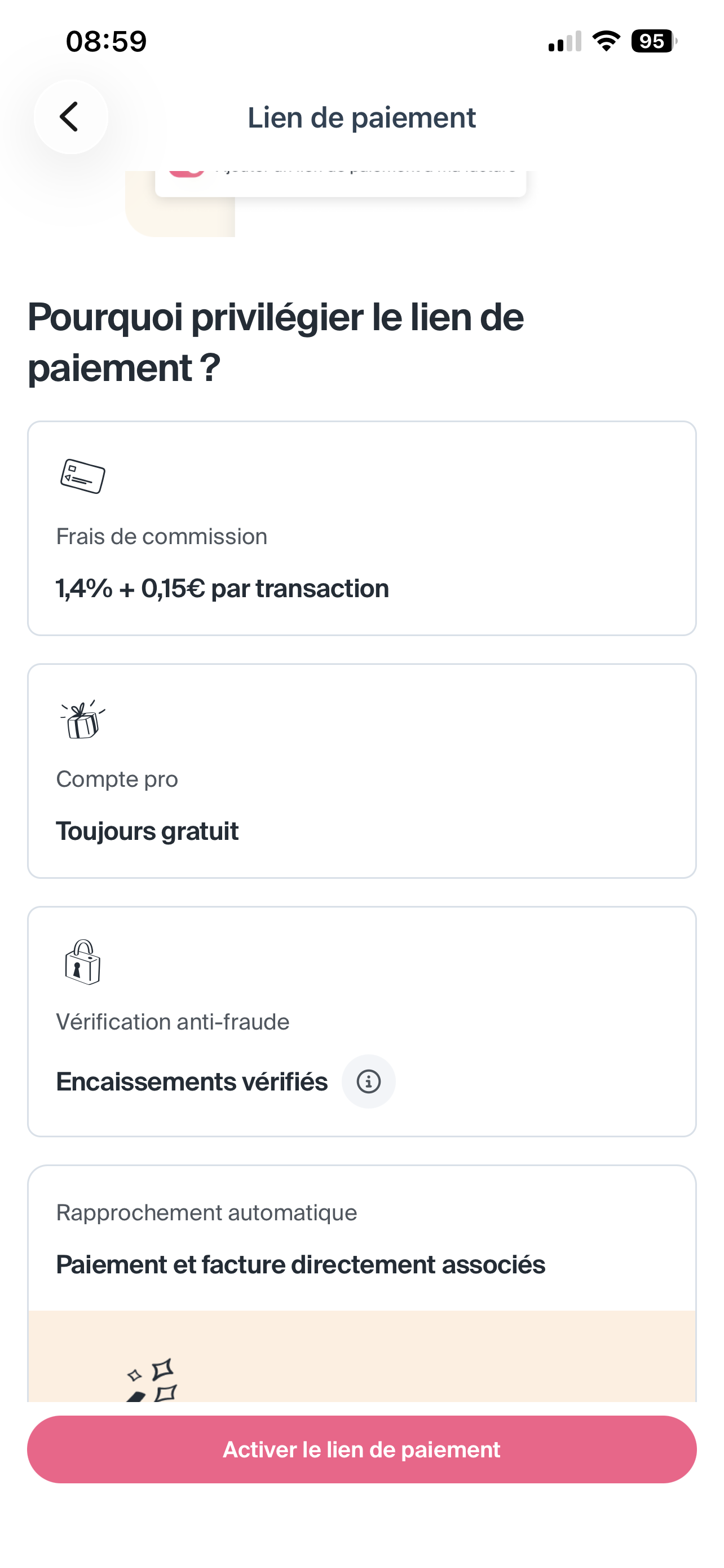 Écran de création d'un lien de paiement dans l'application Indy