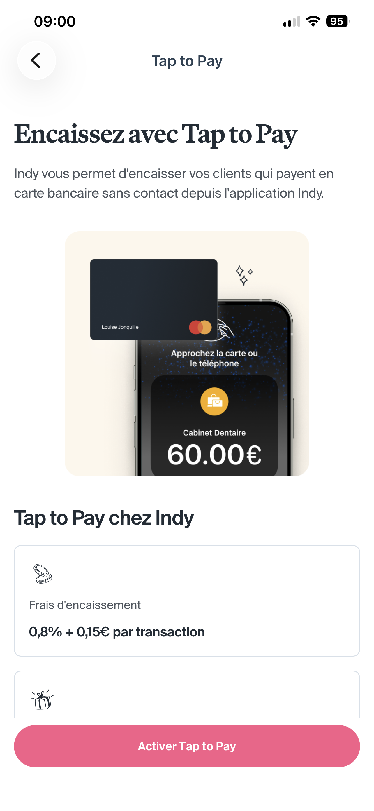 Écran d'encaissement par Tap to Pay dans l'application Indy