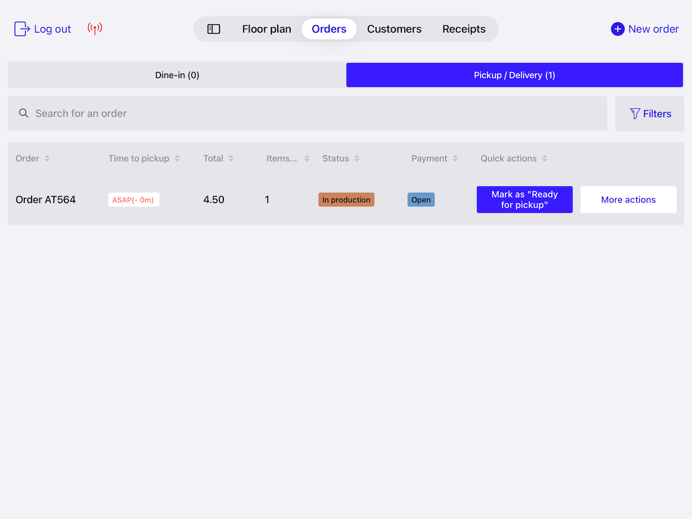 Écran de gestion des commandes Lightspeed Restaurant : une commande à emporter en préparation dans l'onglet Retrait / Livraison, avec le bouton « Prête pour le retrait »