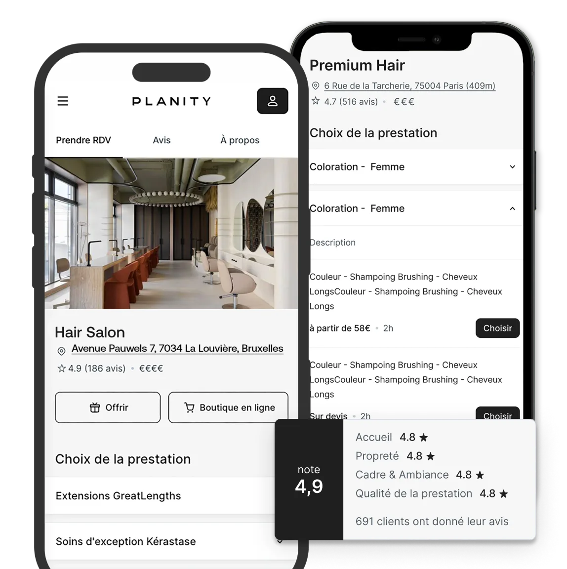 Interface Planity sur mobile, agenda et caisse d'un salon de coiffure