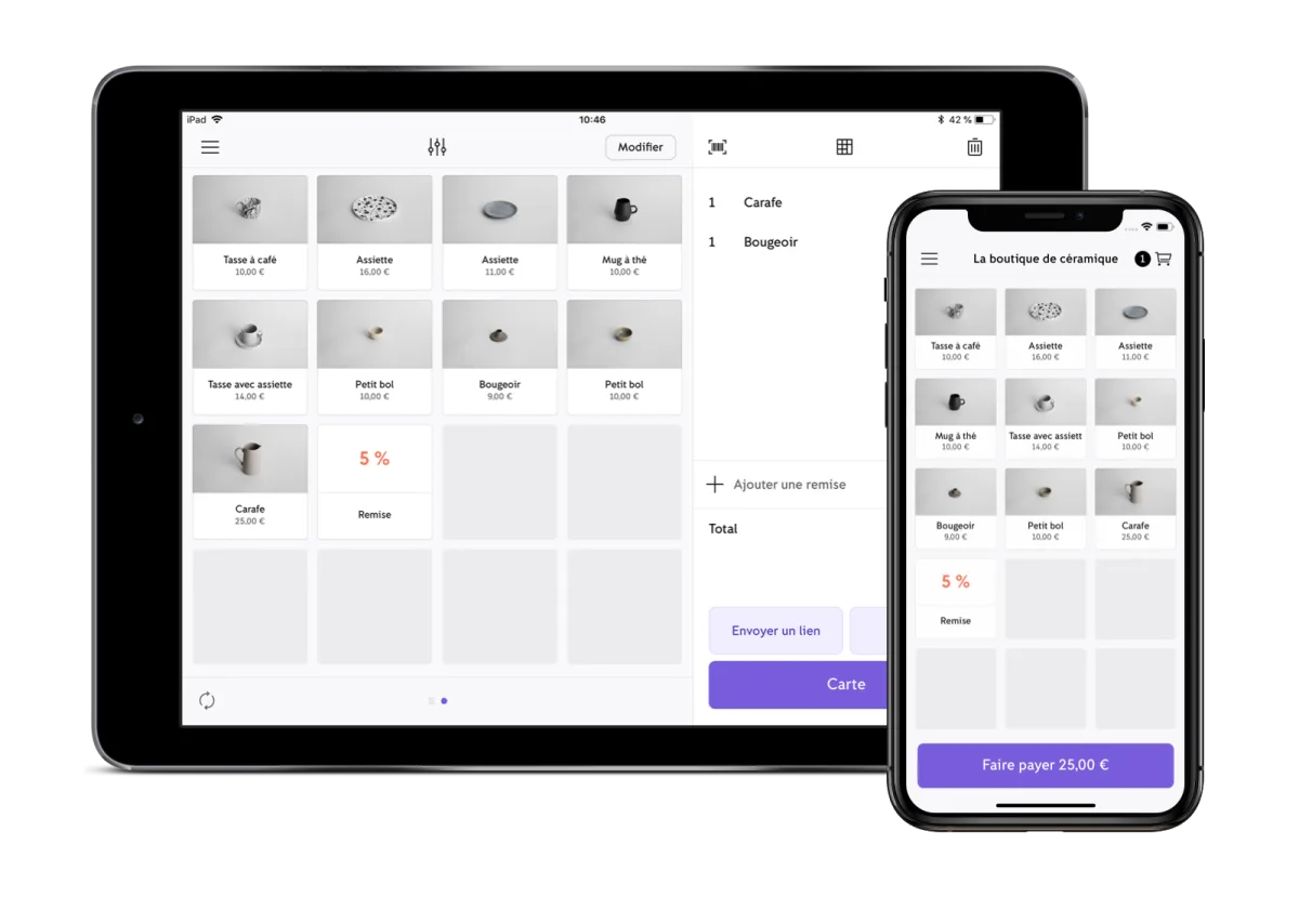L'application de caisse Zettle Go sur iPad et iPhone : le catalogue de produits avec photos et prix, et l'écran d'encaissement